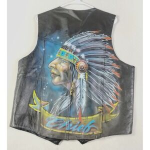 Vintage Hudson Leather Vest Mens XL Black Bikecore Hand Painted Chief Motorcycle